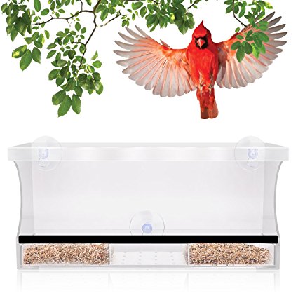 Premium Window Bird Feeder Extra Large Crystal Clear Acrylic With Removable Tray Bonus Personalization Stickers To Make It Unique And Fun For Kids And Cats