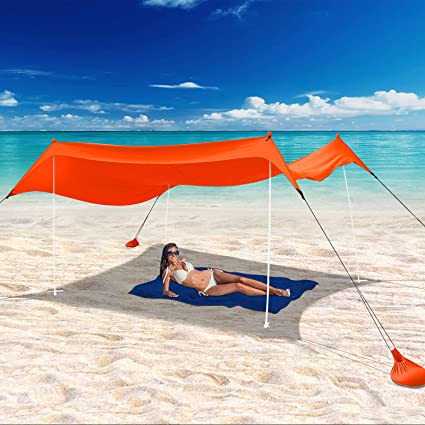 UBOWAY Beach Tent Sun Shade: Portable Pop Up Canopy Large Lightweight Camping Shelter for Family with Sand Anchor 10X10 FT with 4 Poles