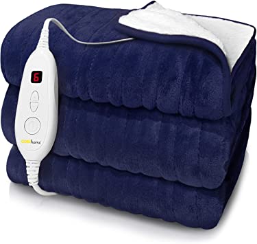 Cosi Home Heated Blanket - Electric Blanket Throw 60" x 50" with Soft Fleece Sherpa, 6 Heat Settings, Overheat Protection, Machine Wash – Navy Blue