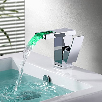 Amzdeal Chrome Finished Basin Sink Mixer Tap Bathroom Kitchen Waterfall Sink Tap Faucet with LED Color Changing Light