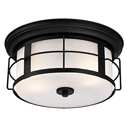 Westinghouse 6339200 Orwell Two-Light Outdoor Flush-Mount Fixture, Textured Black Finish with Frosted Seeded Glass, Round