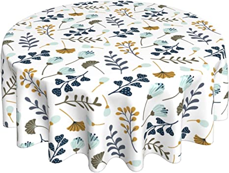 Blue Grey White Floral Leaves Round Tablecloth 60 Inch Spring Summer Leaf Table Clothes Rustic Reusable Circle Table Cover for Picnic Party Dining Room Home Indoor Outdoor Decor