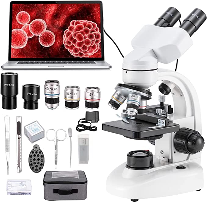 Compound Binocular Microscope, WF10x and WF25x Eyepieces,40X-2000X Magnification, LED Illumination Two-Layer Mechanical Stage