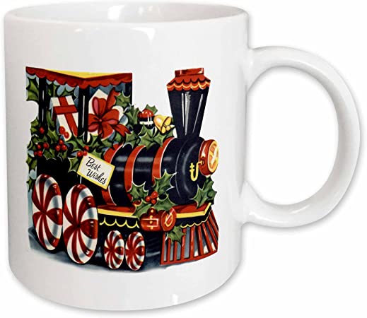 3dRose Cartoon Christmas Train with Holly and Gifts and Candy Cane Wheels - Mugs (mug_172789_1)