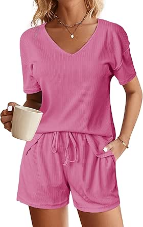 Ekouaer Womens Ribbed Knit Lounge Set Short Sleeve Top and Shorts Sleepwear Pajama Set Two Piece Shorts Outfits Set