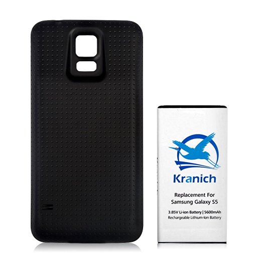 Kranich for Samsung Galaxy S5 Extended Battery 5600mah Replacement Full NFC Support with Protective Cover Case (Black)