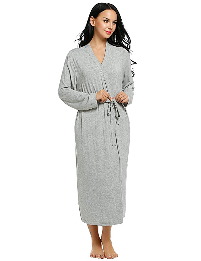 Ekouaer Bath Robes Womens Soft Knit Sleepwear Kimono Collar Long Loungwear S-XXL