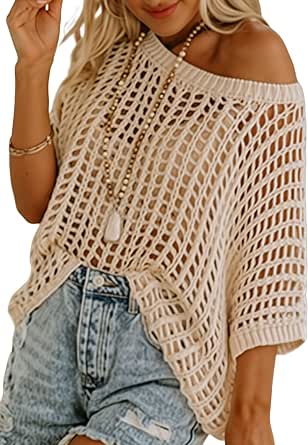 Dokotoo Womens Summer Scoop Neck Short Sleeve Sweater Casual Crochet Hollow Out Knit Tops Pullover Shirts Beach Coverup