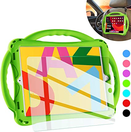 TopEsct iPad 7th Generation Case for Kids,with Tempered Glass Screen Protector and Strap,Premium Silicone Shockproof Apple New ipad 10.2 2019 Case Cover with Kickstand and Pencil Holder. (Green)