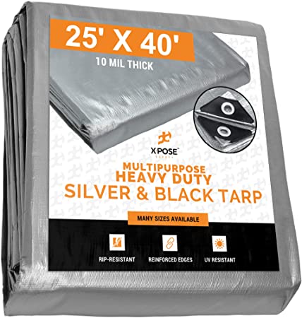Heavy Duty Poly Tarp - 25' x 40' - 10 Mil Thick Waterproof, UV Blocking Protective Cover - Reversible Silver and Black - Laminated Coating - Rustproof Grommets - by Xpose Safety