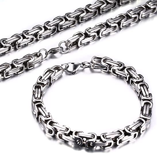 Men's Stainless Steel Mechanic Chunky Byzantine Chain Bracelet and Necklace Jewelry Set, 9"