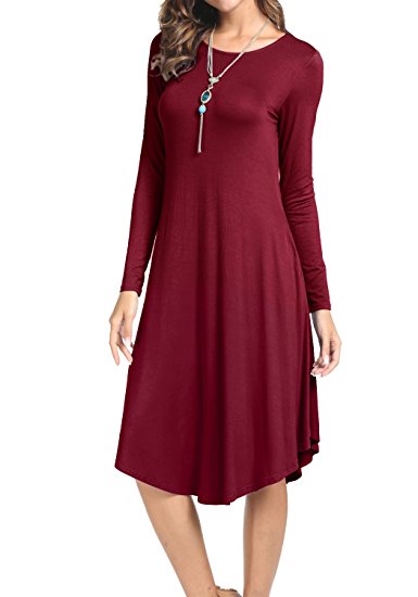 Levaca Women's Plain Long Sleeve Pockets Pleated Loose Swing Casual Midi Dress