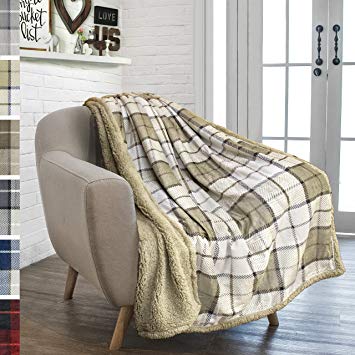 PAVILIA Premium Plaid Sherpa Fleece Throw Blanket | Super Soft, Cozy, Plush, Lightweight Microfiber, Reversible Throw for Couch, Sofa, Bed, All Season (50 X 60 Inches Beige Latte)
