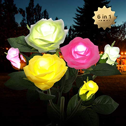 Outdoor Solar Garden Stake Lights,Upgraded LED Solar Powered Light with 6 Rose Flowers, 3 Pack Colorful Waterproof Solar Decorative Lights for Garden, Patio, Backyard (White＆Pink＆Yellow)