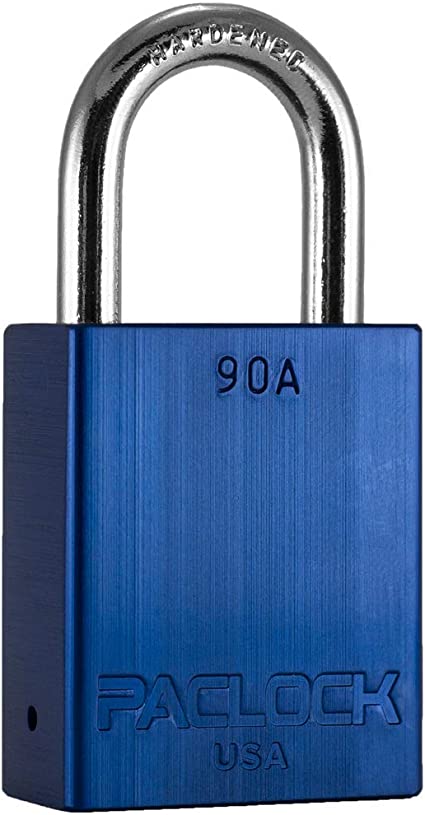 PACLOCK's 90A Series Padlock, Buy America Act Compliant, Blue Anodized Aluminum, High Security 6-Pin Cylinder, One Lock Keyed to #26545 w/ 2 Keys, Hardened Steel Shackle, 1-1/8" Height