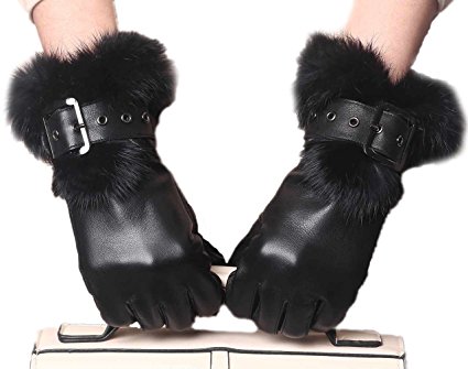 Women's Winter Touchscreen Goat Skin Warm Lined Leather Gloves, Rabbit Fur Cuff