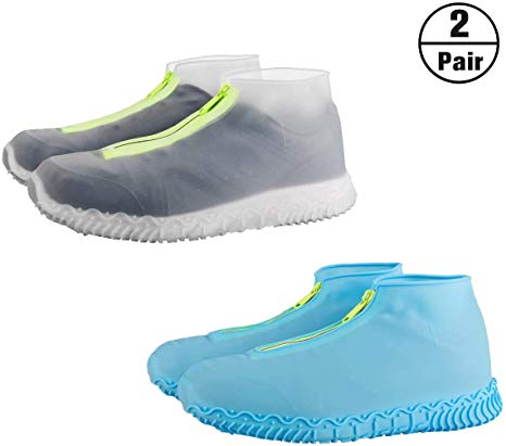Hmtek 2 Pairs Reusable Silicone Waterproof Shoe Covers with Zipper, No-Slip Silicone Rubber Shoe Protectors for Kids,Men and Women