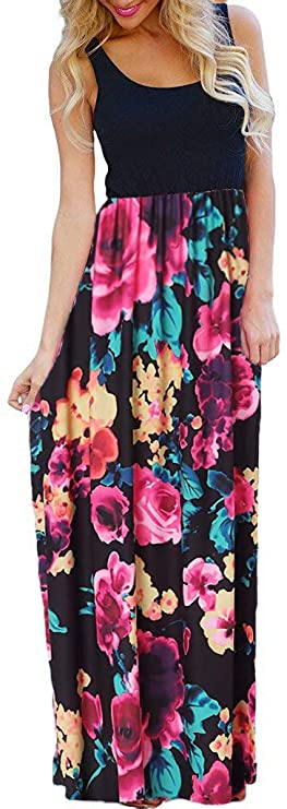 OURS Women's Casual Contrast Sleeveless Maxi Dresses Summer Floral Print Long Maxi Dresses