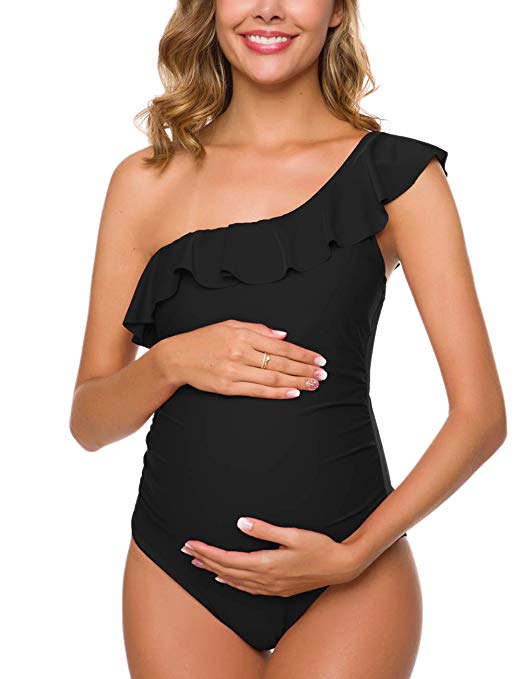 Tempotrek One Piece Maternity Swimsuits One Shoulder Bathing Suits Asymmetric Ruffle Flounce Monokini Swimwear