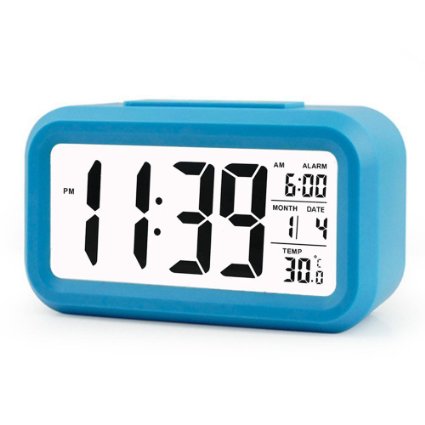 THUNBIRD Digital LCD Large Screen Desk Bedside Alarm Clock with Snooze Light Function Batteries Powered for Children Women Elderly People Blue