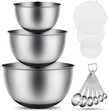 meicent Mixing Bowl Set with Airtight Lids, Stainless Steel Mixer Bowls Set,Measurement Marks & Non-Slip Bottoms, Multifunctional Stackable Salad Bowl with Stainless Steel Measuring Spoons Sets