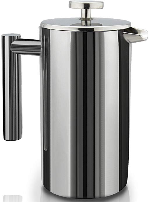 French Press Double-Wall Stainless Steel Mirror Finish (1L) Coffee/Tea Maker: Double-Screen System 100% No Coffee Grounds Guarantee, 18/10 Stainless Steel, Rust-Free, Dishwasher Safe,