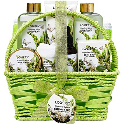 Christmas Gifts - Bath and Body Gift Basket For Women and Men – Magnolia and Tuberose Home Spa Set, Includes Fragrant Lotions, Massage Oil, Bath Towel and More - 9 Piece Set