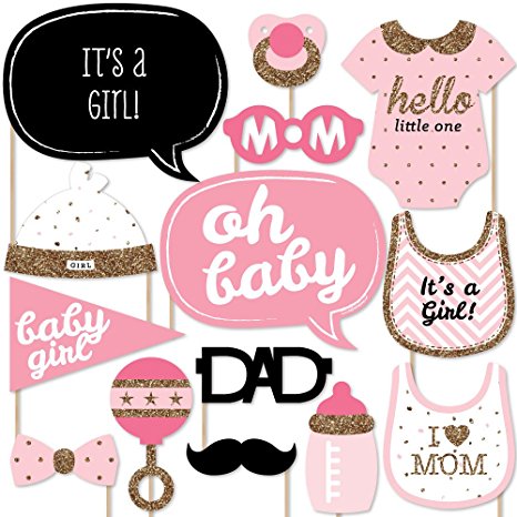 Hello Little One - Pink and Gold - Girl Baby Shower Photo Booth Props Kit - 20 Count