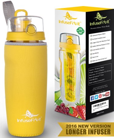 Infuser Water Bottle with Unique Full Length Infuser and Insulating Sleeve - Multiple Colors Options - Large 32 Oz Sport Water Bottle - Your Healthy Hydration Made Easy