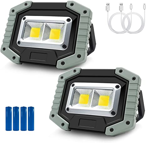 Rechargeable LED Work Light 30W 1500LM, Portable Waterproof COB LED Flood lights with Stand, Built-in Power Supply for Outdoor Camping, Hiking, Job Site Lighting, Emergency Lighting, Gray-2 Pack