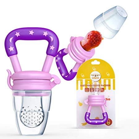 UNIH Baby Food Feeder Pacifier,Food Nibbler Fresh Fruit Silicone Nipple Infant Teething Toy Teether Fresh Pouches Solid Feeding BPA-Free Dust-Proof Cover (Pink)