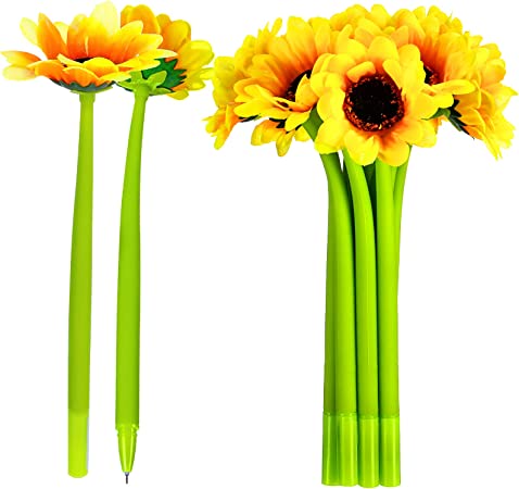 12 Pieces Sunflower Pens Faux Flowers Ballpoint Pens Creative Sunflower Gel Ink Pen 0.5 mm Flower Writing Pen for School Office Home, Kid Teacher Student Present, Party Favor Decor