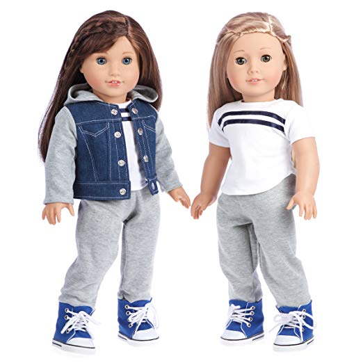 DreamWorld Collections - Tomboy - 4 Piece Outfit - Clothes Fits 18 Inch American Girl Doll - Jeans Jacket, Grey Sweatpants, T-Shirt Boots. ( Dolls Not Included)