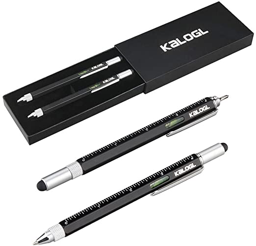 Multitool Pen [2 Pack] Stylus Pen 9-in-1 Combo Pen [Functions as Touchscreen Stylus, Ballpoint Pen, 4" Ruler, Level, Phillips Screwdriver, and Flathead] Gift (Black Black)