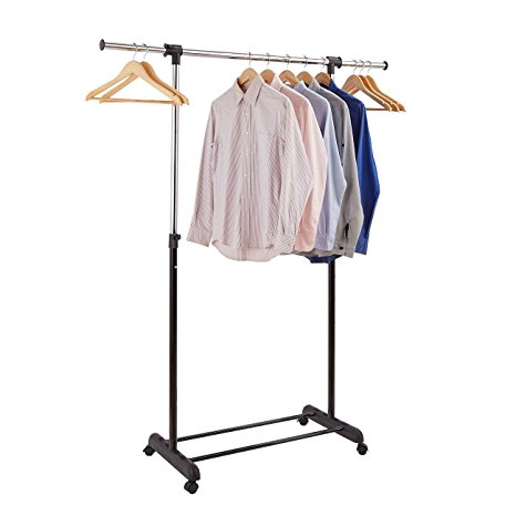 ProAid Adjustable Clothes Rack, Premium Stainless Steel Portable Clothing Garment Rack, Rolling Clothes Hanging Rack Single Clothes Rail with Brake Wheels, Black & Chrome