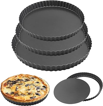 Quiche Tins with Loose Base 3PCS (20/22/23cm,7.8/8.7/9.1inch), Individual Pie Dish Tart Tin, Quiche Dish with Removable Bottom, Baking Trays for Oven Non Stick Pie Tins, Baking Tins Flan Dish (Black)