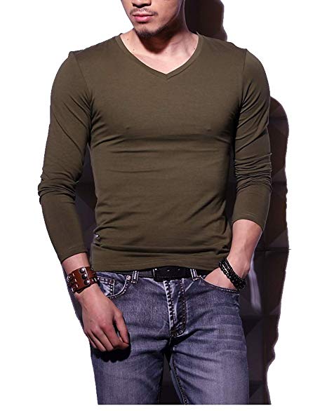 Men's Tagless Slim Fit Top Muscle Cotton V-Neck Long Sleeve Undershirts T-Shirts