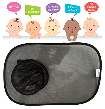 Car Sun Shade For Baby - 2 Pack In Black - Baby Sun Shade Car With UPF 30+ Sun and UV Protection - Best 100% Money Back Guarantee and Lifetime Warranty - Window Shade Cling - Size 19" x 12"