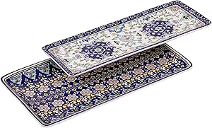 Bico Mandala Kaleidoscope Ceramic 14 inch Rectangular Serving Platter, Set of 2, for Serving Salad, Pasta, Cheese, Ham, Appetizer, Microwave & Dishwasher Safe