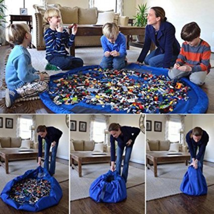 Kids Toys Organizer Bin Rug Play Mat Toy Storage Bag Container Blue Large