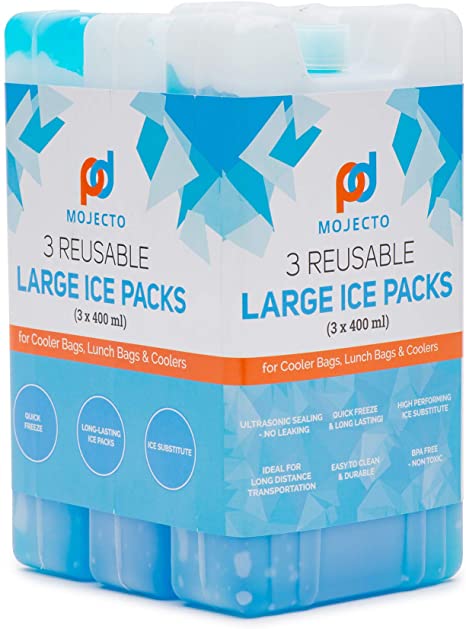 MOJECTO Large Thick Ice Pack for Cooler Lunch Bags: to Keep Your Food and Beverages Cold for Hours. Leak-Proof, Reusable, Long-Lasting, Freezer-Safe (Set of 3).