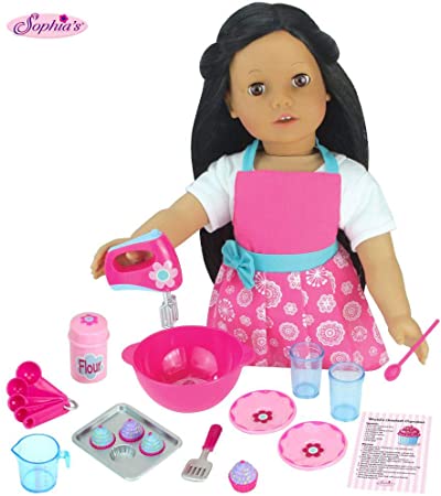 Sophia's 18 PC. Set of 18 Inch Doll Clothes Apron Plus Baking Accessory Set for Girl Dolls, Mini Doll Food & Apron Cookware Set Perfect for Your American Doll & More!