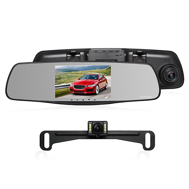 AUTO-VOX M3 Full HD 1080P Upgraded Dual Lens Front and Rear Dash Cam Rear view Mirror Monitor 5” Screen and IP 68 Waterproof Backup Camera License Plate with LED Superior Night Vision