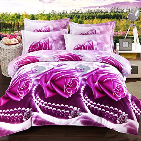 3d Bedding Set - Best Popular 3d 4pieces Purple Love Printed Duvet Cover, Pillow Case and Sheet - Super Soft, Comfortable and Machine Washable(comforter Not Included)、 (1)