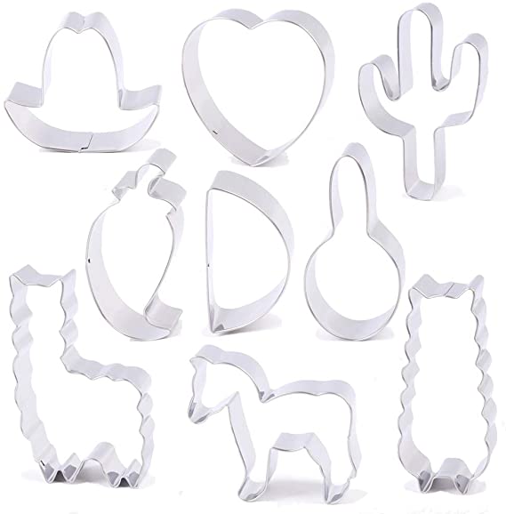 Mexican Heritage Cookie Cutter Set - 9 Pieces - Cactus,Sombrero,Cactus Donkey,Chili Pepper,Taco,Alpaca,Maraca,Heart Shapes Stainless Steel Fondant Molds for Cinco de Mayo Party Decorations