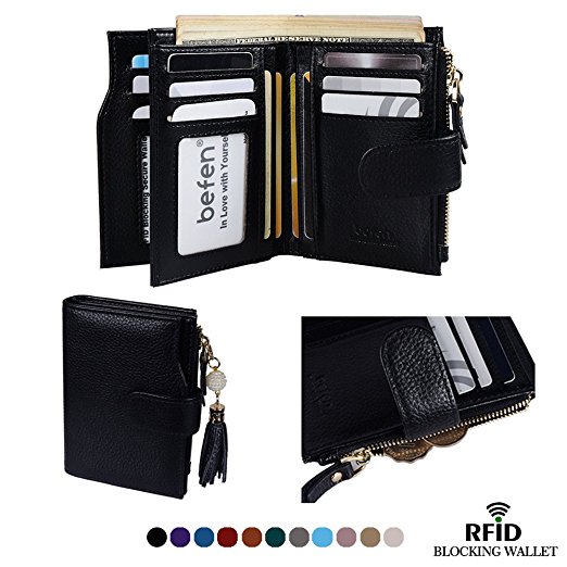 Befen Women’s RFID Blocking Wallet Full Grain Leather Women's Small Compact Bifold Leather Coin Purse Front Pocket Mini Wallet Card Holder With 16 Card Slot - Black