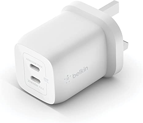 Belkin 65W Dual USB Type C Wall Charger, Fast Charging Power Delivery 3.0 with GaN Technology, USB Plug fast charger for iPhone 14, 13, iPad Pro 12.9, 11, MacBook, Galaxy S22, and more - White