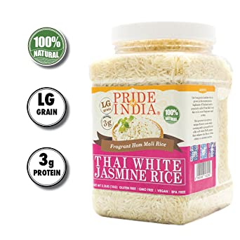 Pride Of India - Thai White Jasmine Rice - Fragrant Hom Mali Rice, 2.2 Pound (1 Kilo) Jar+ 50% Extra Free = 3.3 Pounds (1.5 kg) Total