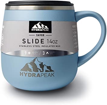 Hydrapeak 14oz Double Vacuum Insulated Coffee Mug. Stainless Steel Travel Mug, Tumbler Tea Cup with Water Tight Slide Lid and Handle (14 Ounce) (Cloud)