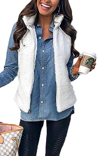 Angashion Women's Casual Sherpa Fleece Vest Zip up Warm Cardigan Waistcoat Outerwear with Pockets